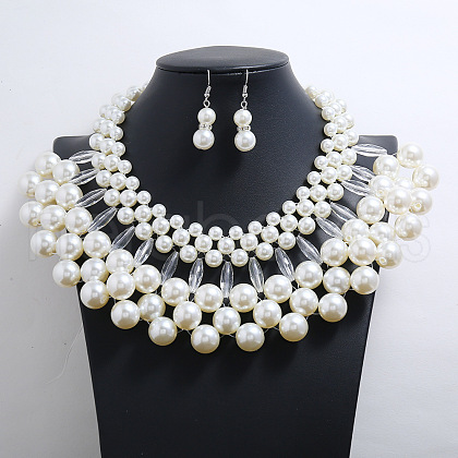 Zinc Alloy & Round Plastic Pearl & Acrylic Beaded Pendant Necklaces & Dangle Earrings Sets FS-WG22E5A-01-1