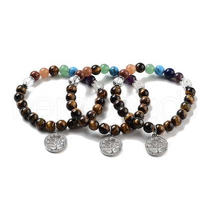 Natural Tiger Eye Round Beaded Chakra Stretch Bracelets BJEW-K251-01E-1