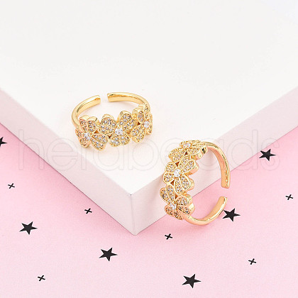 Brass Micro Pave Clear Cubic Zirconia Cuff Rings for Women KK-T074-20G-1