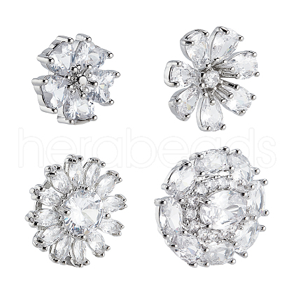  4Pcs 4 Style 1-Hole Brass Micro Pave Cubic Zirconia Shank Buttons BUTT-NB0001-52-1