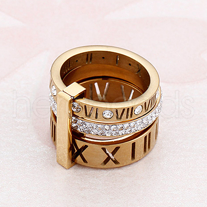 Roman Numerals 304 Stainless Steel & Crystal Rhinestone Finger Rings FS-WGD9A22-45-1
