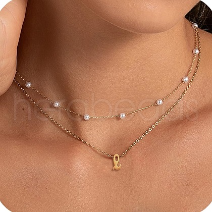 2Pcs 304 Stainless Steel & White Plastic Imitation Pearl Letter Pendant Double Layer Necklaces FS-WG86091-12-1