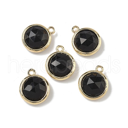Brass Pave Natural Obsidian Faceted Flat Round Charms G-U028-03G-14-1