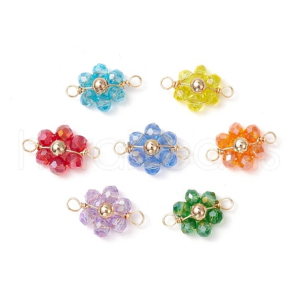 7Pcs 7 Colors Electroplate AB Color Transparent Glass Faceted Rondelle & Brass Round Beaded Flower Connector Charms PALLOY-JF03466-1