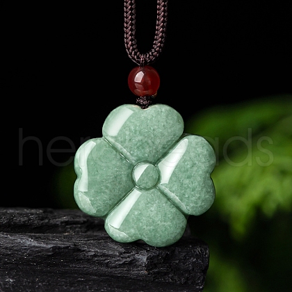Natural Jadeite Carved Clover Pendant Necklaces NJEW-F321-01-1