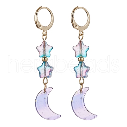 Moon & Star Glass Dangle Leverback Earrings with 304 Stainless Steel Pins EJEW-JE05605-01-1