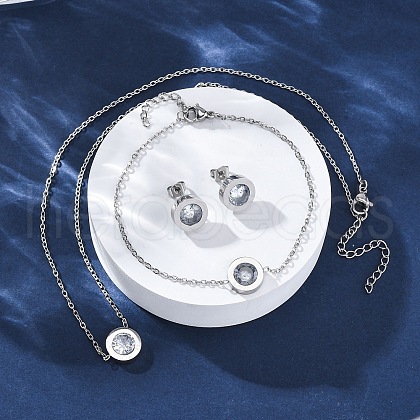 Flat Round 304 Stainless Steel Cubic Zirconia Pendant Necklaces & Bracelets & Stud Earrings Sets for Women SJEW-C004-19P-1