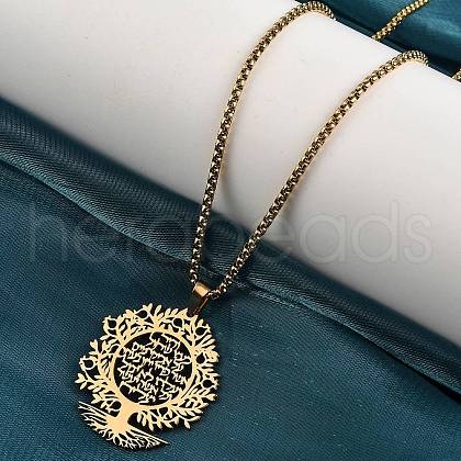 304 Stainless Steel Hollow Tree of Life Pendant Box Chain Necklaces NJEW-M086-04G-1