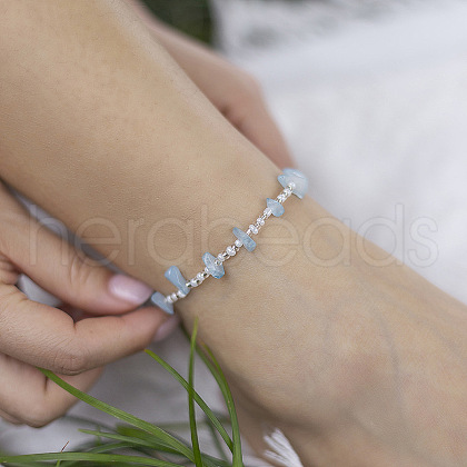 Alloy & Glass Seed Beaded & Natural Aquamarine Chip Anklets WG69FBA-01-1