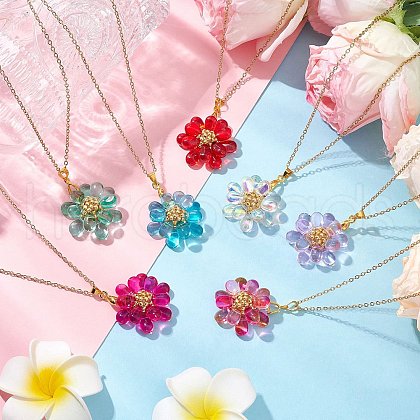 7Pcs 7 Colors Flower Handmade Glass Seed Beaded Pendant Necklaces NJEW-MZ00096-1