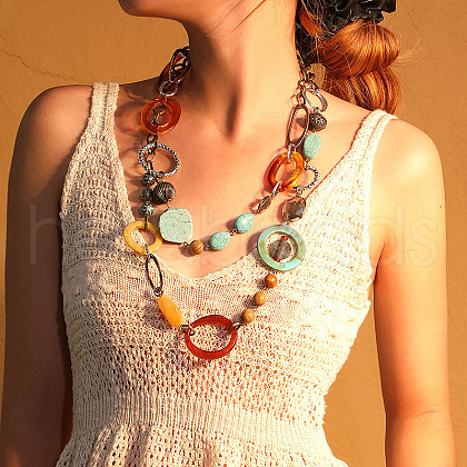 Bohemian Style Acrylic & Zinc Alloy Oval & Teardrop Handmade Link Chain Long Necklaces for Women FS-WG51811-01-1