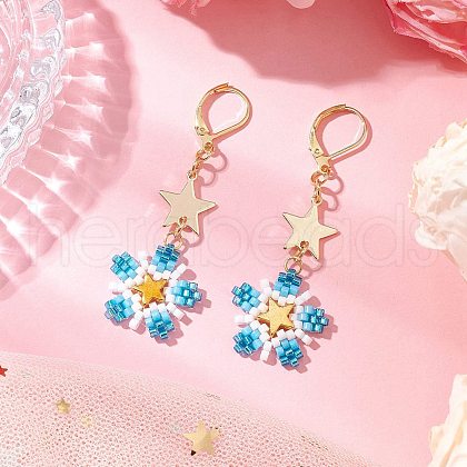 Brass Glass Seed Beads Flower Leverback Earrings EJEW-MZ00426-03-1