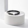 Natural Larvikite & Wood Round Beaded Stretch Bracelet BJEW-JB07804-2