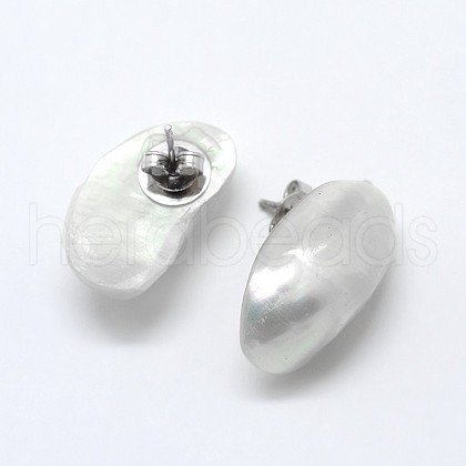 Shell Oval Ear Studs EJEW-E145-21A-1