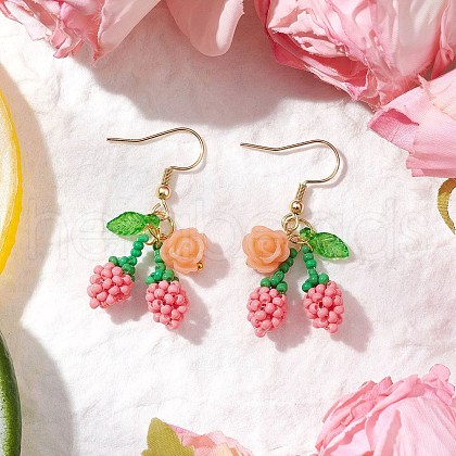 Flower with Cherry 304 Stainless Steel Glass Seed Beads Dangle Earrings EJEW-MZ00419-02-1