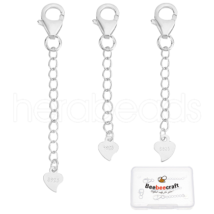 Beebeecraft 3Pcs 3 Style 925 Sterling Silver Extender Chains with Heart Charms STER-BBC0001-05-1