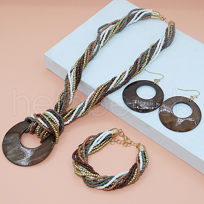 Bohemian Style Ring Shell & Glass Seed Beaded Pendant Necklaces & Dangle Earrings & Bracelets Sets FS-WG105FB-03-1
