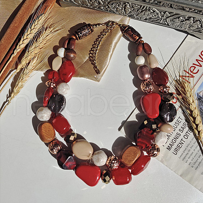 Wood & Resin Nuggets Beaded Double Layer Necklaces for Women FS-WGB5610-18-1