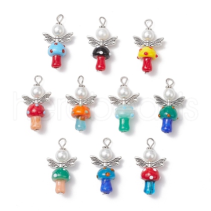 Handmade Lampwork Beads with Glass Pearl Round Bead Pendants PALLOY-MZ00696-01-1