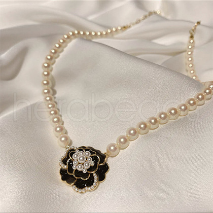 Camellia Flower Alloy & Plastic Pearl Pendant Choker Necklaces FS-WG7D65B-01-1