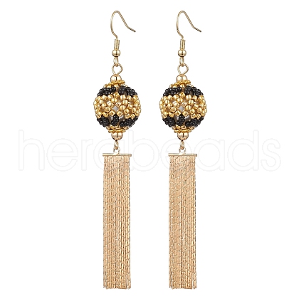 Glass Seed Beads & Brass Tassel Dangle Earrings EJEW-MZ00289-1