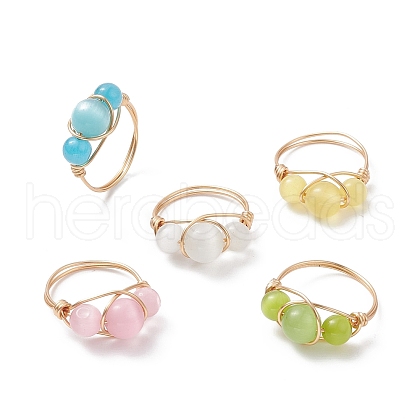 Cat Eye Beaded Finger Ring RJEW-JR00560-01-1