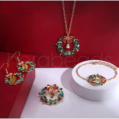Christmas Wreath & Bell Alloy Rhinestone Pendant Necklaces & Dangle Earrings & Charm Bracelets & Brooch Sets WG06691-09-1