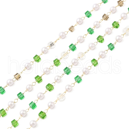 Faceted Cube Glass & ABS Plastic Imitation Pearl Beaded Chains CHS-G026-02KCG-01-1-1