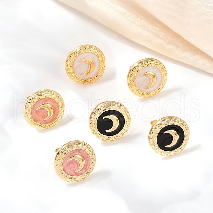 304 Stainless Steel Enamel Flat Round with Moon Stud Earrings STAS-D368-03G-1