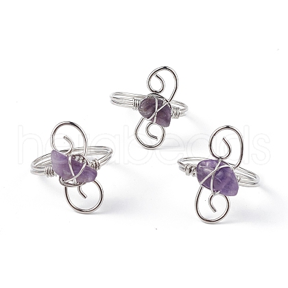 Natural Amethyst Chips with Vortex Finger Ring RJEW-L082-02P-04-1