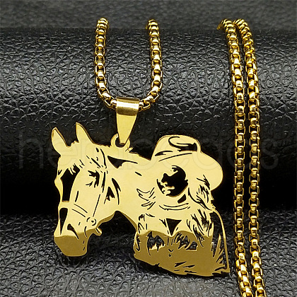 Horse & Cowboy 304 Stainless Steel Hollow Pendant Necklaces for Men Women NJEW-K283-15G-1