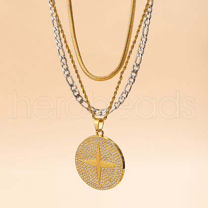 Punk Style Alloy Micro Pave Clear Cubic Zirconia Cross Star Pendant 3 Layer Necklaces for Women ZL4695-1