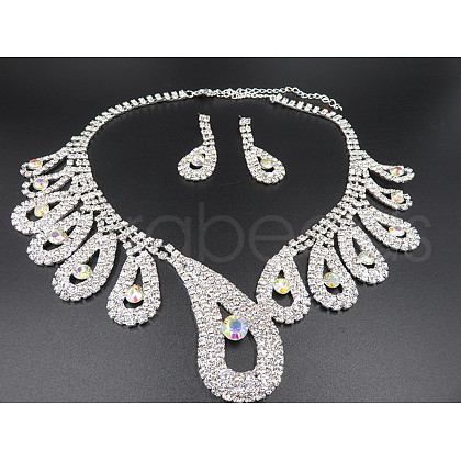 Teardrop Brass Rhinestone Pendant Necklaces & Stud Dangle Earrings Sets for Women WGD620E-01-1