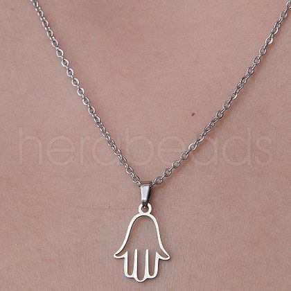 Non-Tarnish 201 Stainless Steel Hamsa Hand Pendant Necklace NJEW-OY001-39-1