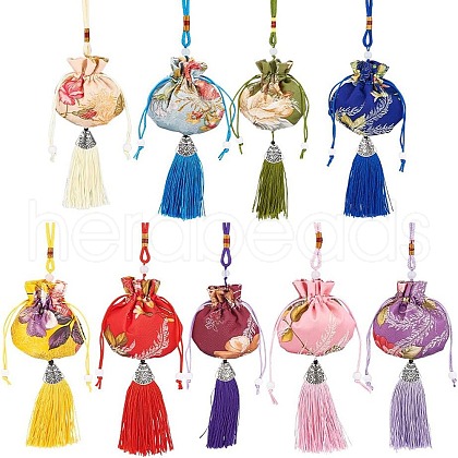  9Pcs 9 Colors Flower Pattern Brocade Bag Tassel Pendant Decorations HJEW-NB0001-97-1