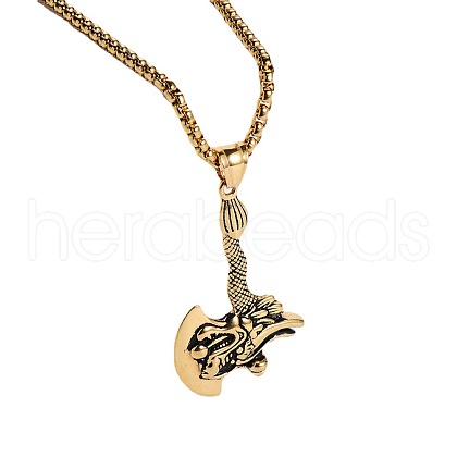 Retro Rock Punk Men's Dragon Head Axe Stainless Steel Pendant Necklaces AW4292-2-1