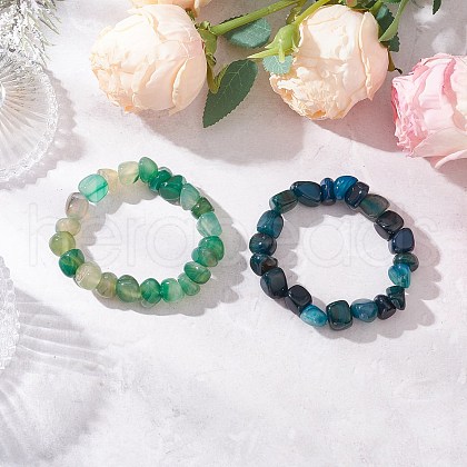 2Pcs Natural Agate Nuggets Beaded Stretch Bracelets for Men Women BJEW-JB11957-1