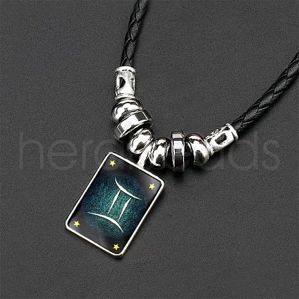 Luminous Rectangle with Constellation Alloy Glass Pendant Black Braided Imitation Leather Cord Necklaces WG00EE9-10-1