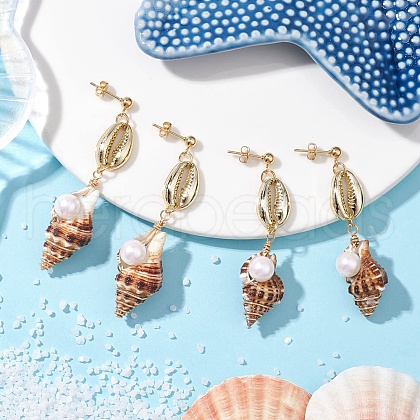 Alloy Natural Shell Beaded Dangle Stud Earrings EJEW-JE06268-1
