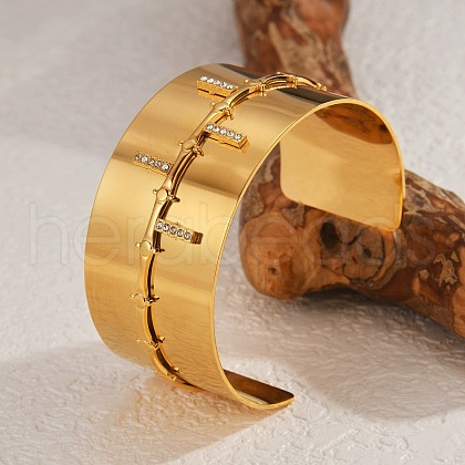 304 Stainless Steel Rhinestone Cuff Bangles for Women BJEW-Z109-04G-01-1