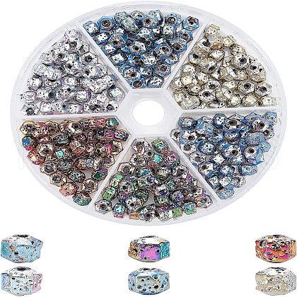 Olycraft 210Pcs 6 Colors Electroplated Natural Lava Rock Beads G-OC0001-97-1