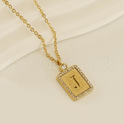 304 Stainless Steel Micro Pave Clear Cubic Zirconia Rectangle with Hollow Letter Pendant Necklaces FS-WGAE794-13-1