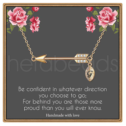 Brass Micro Pave Clear Cubic Zirconia Arrow with Letter Pendant Necklaces FS-WG43978-07-1