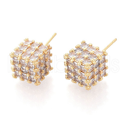 Brass Micro Pave Clear Cubic Zirconia Stud Earrings EJEW-N061-02G-1