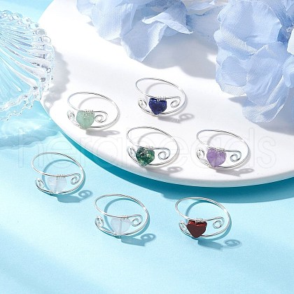 7Pcs Copper Wired Wrapped Natural Sodalite & Rose Quartz & Quartz Crystal & Indian Agate & Amethyst & Green Aventurine & Red Jasper Rings RJEW-JR00860-1