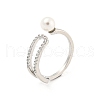 Round Brass Micro Pave Clear Cubic Zirconia with Plastic Pearl Open Cuff Rings RJEW-G309-51P-1