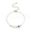 Natural Pearl & Shell Heart with Evil Eye Link Bracelet with Brass Chains for Women BJEW-JB08329-02-1