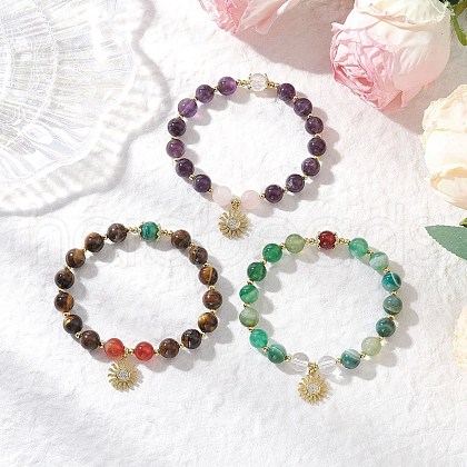3Pcs Natural Striped Agate &  Amethyst & Tiger Eye & Rose Quartz & Quartz Crystal Round Beaded Bracelets for Women BJEW-JB11934-1