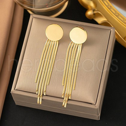 304 Stainless Steel Flat Round Tassel Stud Earrings EJEW-Q040-04G-1