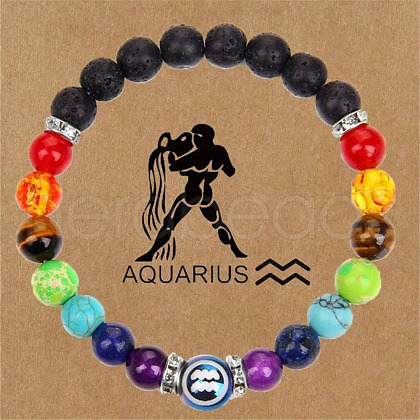 12 Constellations 7 Chakra Natural Lava Rock & Agate & Amethyst & Tiger Eye & Turquoise & Glass Round Beadeed Stretch Bracelets WG33A89-12-1